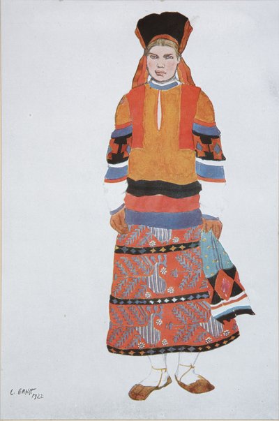 Bäuerin. Kostümentwurf für das Vaudeville Altes Moskau im Théâtre Femina in Paris, 1922 von Leon Bakst