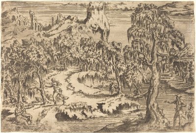 Landschaft mit einer Frau, die vor einem Soldaten flieht von Leon Davent