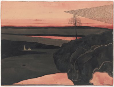 Landschaft unter einem roten Abendhimmel mit Zugvögeln von Leon Spilliaert
