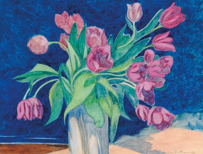 Rosa Tulpen in einer Vase, im Hintergrund eine Meereslandschaft mit Dünen, 1935 von Leon Spilliaert