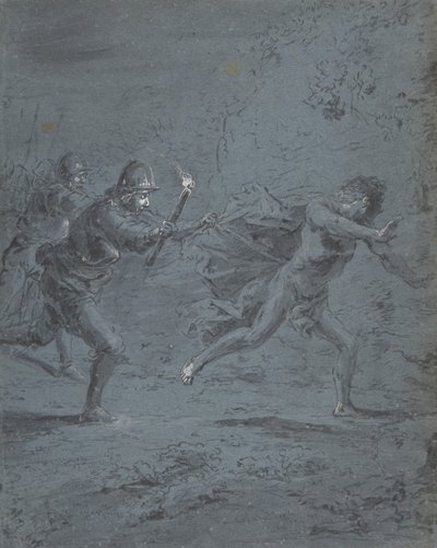 Nachtszene mit Soldaten, die einen Flüchtling verfolgen, Mark XIV, 5-52, 1611-74 von Leonard Bramer