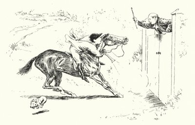 Ein Mann ging in Reigate auf die Jagd und wollte über ein hohes Tor springen (Gravur) von Leonard Leslie Brooke
