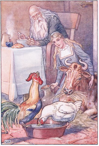 Hübsche Küken und gescheckte Kuh, was sollen wir jetzt antworten, 1920er von Leonard Leslie Brooke