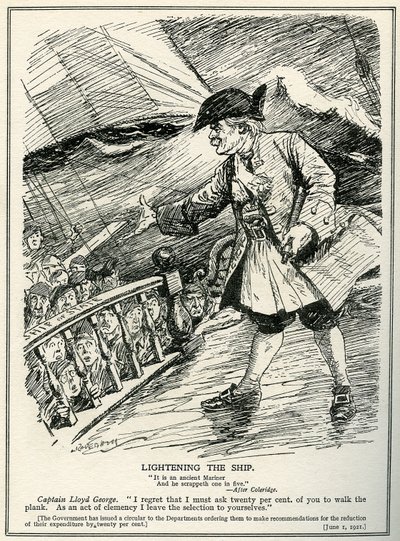 Regierungsabteilungen werden von Lloyd George angewiesen, die Ausgaben um zwanzig Prozent zu kürzen, 1921 von Leonard Raven Hill