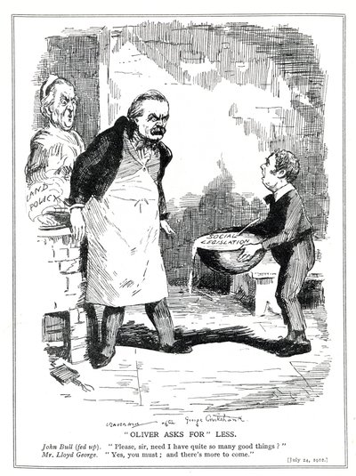 John Bull beschwert sich bei Lloyd George, dass es zu viele Reformen in seiner Sozialgesetzgebung und Landpolitik gibt, 1912 von Leonard Raven Hill
