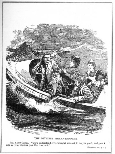 Lloyd George, dargestellt als Rettungsbootsmatrose, sieht sich dem Widerstand gegen sein National Insurance Act, 1911, gegenüber von Leonard Raven Hill