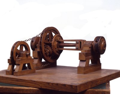 Holzmodell von Zahnrädern und Rädern basierend auf dem Design von Leonardo da Vinci. Wissenschafts- und Technikmuseum, Mailand. von Leonardo da (after) Vinci