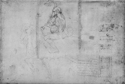 Ein Mann mit dem Kopf eines Elefanten reitet zu Pferd und architektonische Skizzen, um 1480 von Leonardo da Vinci