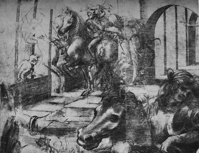 Anbetung der Könige - Architektur und Figuren im Hintergrund links, ca. 1481 von Leonardo da Vinci