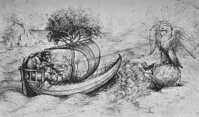 Allegorie: Ein gekrönter Adler steht auf einem Globus und ein Wolf steuert ein Boot, um 1480 von Leonardo da Vinci
