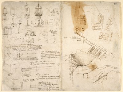 Skizzen von Scharnierlampen; Notizen zur Mechanik; mathematische Berechnungen; geometrische Skizzen von Leonardo da Vinci