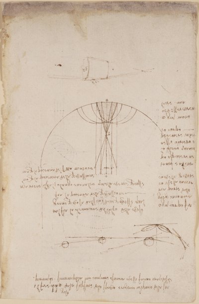 Arundel 263, f.85 Diagramme zur Optik, betreffend die Kaustiken der Reflexion; Notiz und Skizze zur Mechanik, betreffend die Kraft des Aufpralls und mit Verweisen auf das aristotelische Prinzip 
