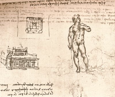 Zeichnung von Plänen für ein Schloss und einer nackten Figur, gewaschen mit indischer Tinte, ca. 1472-1519 von Leonardo da Vinci