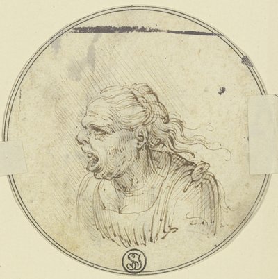 Karikatur einer Frau mit offenem Mund, Brustbild, im Profil nach links von Leonardo da Vinci