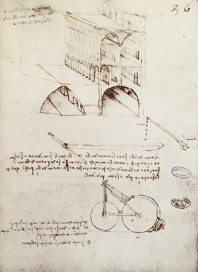 Manuskript B, f 36 r Architektonische Studien, Entwicklung und Schnitte von Gebäuden in einer Stadt mit erhöhten Straßen von Leonardo da Vinci