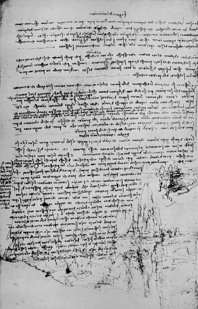 Seite mit Text und Skizzen einer Landschaft, ca. 1480, 1945 von Leonardo da Vinci