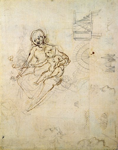 Studien für eine Jungfrau mit Kind und von Köpfen im Profil und Maschinen, ca. 1478-80 von Leonardo da Vinci