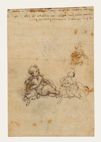 Studien für das Christuskind mit einem Lamm (recto); Kopf eines alten Mannes und Studien von Maschinen (verso) von Leonardo da Vinci