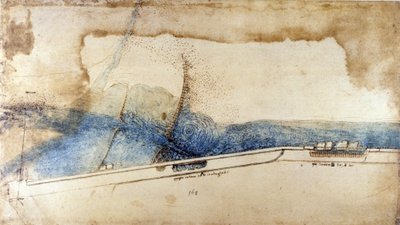 Studie zur Nutzung der Wasserkraft in hydraulischen Maschinen (Noria) von Leonardo da Vinci (1452-1519). Zeichnung mit Feder und Tinte von Leonardo da Vinci