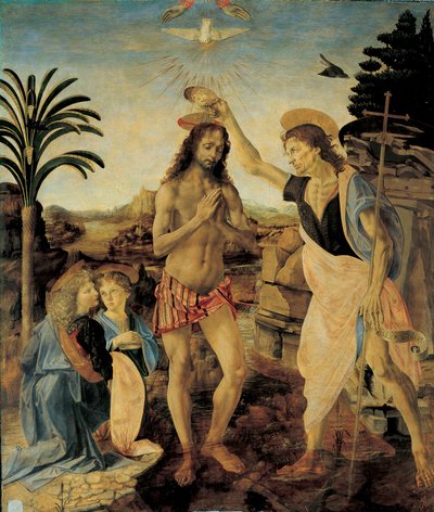Die Taufe Christi um 1475-1478 von Andrea del Verrocchio (1436-1488) und Leonardo da Vinci (1452-1516) von Leonardo da Vinci