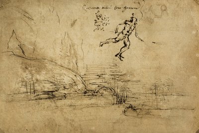 Die Rückseite einer Landschaftszeichnung mit der Figur eines Soldaten: Zeichnung von Leonardo da Vinci. Gabinetto dei Disegni e delle Stampe, Uffizien, Florenz von Leonardo da Vinci