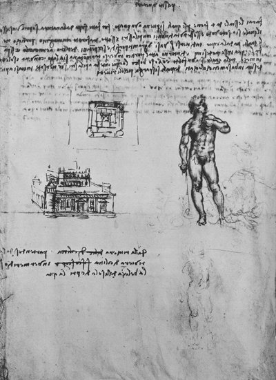 Zwei Studien einer nackten Figur und die Ansicht und der Plan eines Gebäudes, ca. 1480, 1945 von Leonardo da Vinci