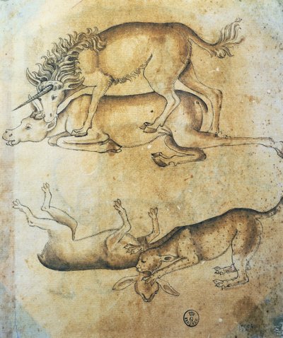 Einhorn greift eine Kuh an und Leopard greift ein Schaf an, Tierstudie, von Leonardo da Vinci von Leonardo da Vinci