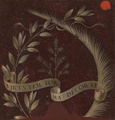Kranz aus Lorbeer, Palme und Wacholder mit einer Schriftrolle, beschriftet Virtutem Forma Decorat [Rückseite] von Leonardo da Vinci