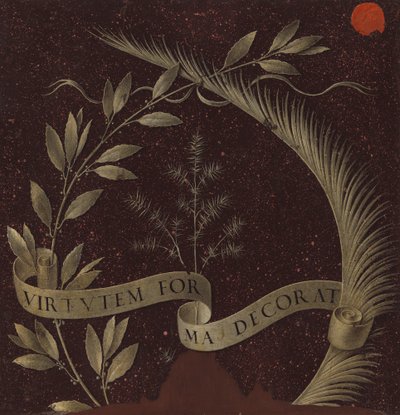 Kranz aus Lorbeer, Palme und Wacholder mit einer Schriftrolle, die Virtutem Forma Decorat trägt, ca. 1474-78 (Tempera auf Holztafel) von Leonardo da Vinci
