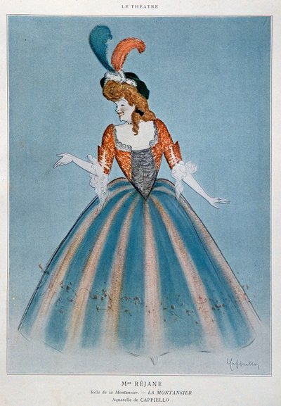 Komödiantin Gabrielle Charlotte Reyu genannt Rejane (1856-1920) in der Rolle der Montansier. Aquarell von Leonetto Cappiello (1875-1942). Paris, dekorative Künste von Leonetto Cappiello