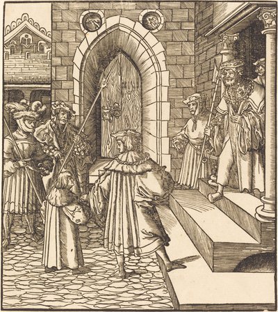 Drei Männer und ein Junge im Hof eines Schlosses, rechts drei Männer auf einer Treppe von Leonhard Beck