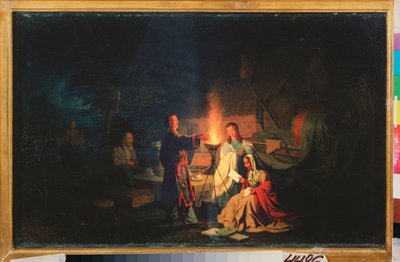 Komödianten in Ruhe. (Die Komödianten üben ihren Text bei Einbruch der Nacht um eine Fackel im Hof eines Landhauses. Neben ihnen ein Tisch mit einem Samowar und Tassen sowie Bühnenequipment unter Planen). Gemälde von Leonid von Leonid Ivanovich Solomatkin