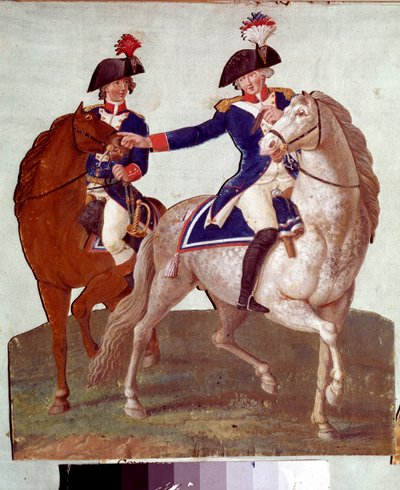Kommandant der Pariser Armee gibt seinem Adjutanten Befehle: Darstellung von Soldaten während der Revolution von 1789. Gouache der Lesueur-Brüder. 18. Jahrhundert. Musée Carnavalet, Paris von Lesueur Brothers