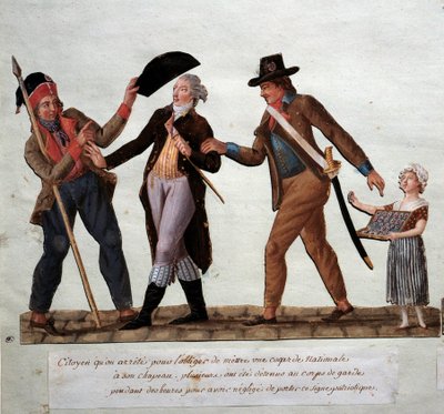 Französische Revolution: „Bürger wird gezwungen, eine nationale Kokarde auf seinen Hut zu setzen“ Gouache der Brüder Lesueur (18. Jahrhundert). Musée Carnavalet, Paris von Lesueur Brothers
