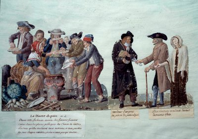 Szenen unter der Französischen Revolution: „Brotknappheit, Geldverkäufer und Rentner, die ihre Effekte verkaufen“. Gouache der Brüder Lesueur, um 1789. Musée Carnavalet, Paris von Lesueur Brothers