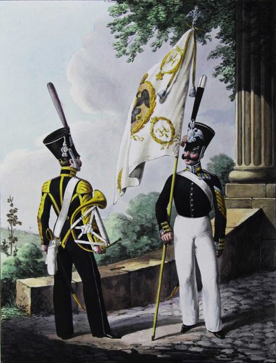 Porte-epee-Praporshchik und Hornist des Gardegarnisonsbataillons, 1829 von Lev Alexandrovich Belousov