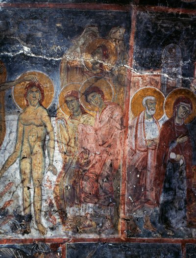 Christus, Madonna und Heilige, Fresko im Kloster Agios Georgios, Diavaide, Kreta, Griechenland von Unbekannt Unbekannt