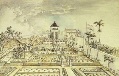 Niederländisches Haus mit umschlossenem Garten auf der Insel Java, Indonesien, Gravur von Unbekannt Unbekannt