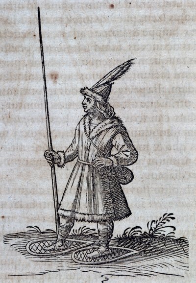 Einwohner von Kanada (Frankreich Canadienne) mit Schneeschuhen, Illustration aus Beschreibung von Neu-Frankreich von Unbekannt Unbekannt