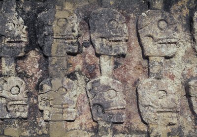 Relief mit menschlichen Schädeln, Detail des Tzompantli oder Wand der Schädel, archäologische Stätte von Chichen Itza (UNESCO-Weltkulturerbe) von Unbekannt Unbekannt