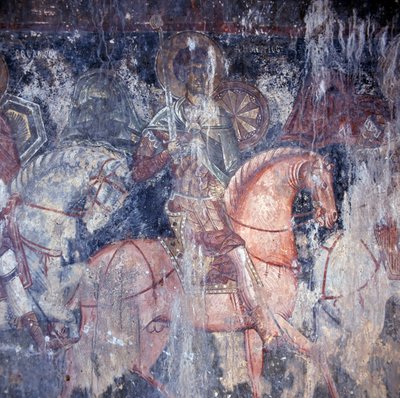 Heiliger zu Pferd, Fresko in Kirche in Palaia Roumata, Kreta, Griechenland (Foto) von Unbekannt Unbekannt