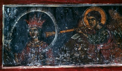 Heiliger spielt das Horn, Fresko in der Kirche Agios Ioannis Prodromos, Margarites, Kreta, Griechenland von Unbekannt Unbekannt