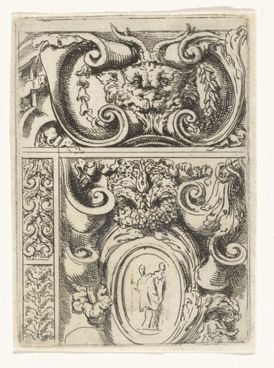 Kartusche mit Tierkopf und darunter eine Kartusche mit Madonna mit Kind von Lieven Mehus