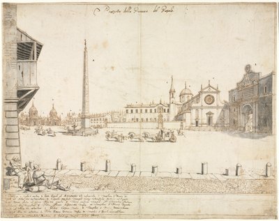 Achtzehn Ansichten von Rom: Die Piazza del Popolo (recto) von Lievin Cruyl