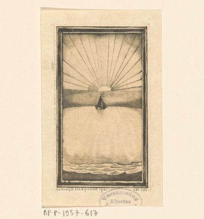 Segelschiff auf See bei Sonnenaufgang oder Sonnenuntergang von Lodewijk Schelfhout (signed by artist)