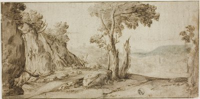 Felsen und Bäume am Rand eines Hügels von Lodewijk de Vadder