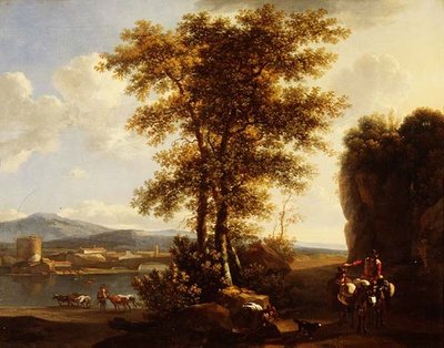 Italienische Flusslandschaft mit Reisenden auf einem Pfad, einem Hirten mit Vieh und einer Stadt im Hintergrund von Lodewyck van Ludick
