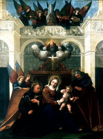 Heilige Familie mit dem heiligen Nikolaus von Tolentino, 1515-1530 von Lodovico Mazzolini