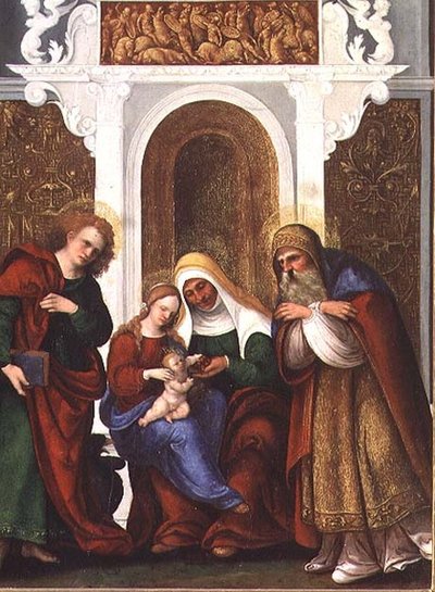 Madonna und Kind mit den Heiligen Anna, Johannes dem Evangelisten und Zacharias oder Madonna und St. Anna der Kirschen von Lodovico Mazzolino
