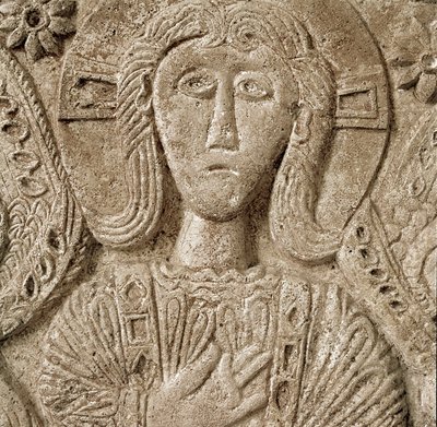 Archäologie des Mittelalters. Barbarische Kunst der Lombardei: Detail von Christus, Flachrelief des Altars von Herzog Rachis. Skulptur, lombardische Kunst, 737-744 von Lombard School